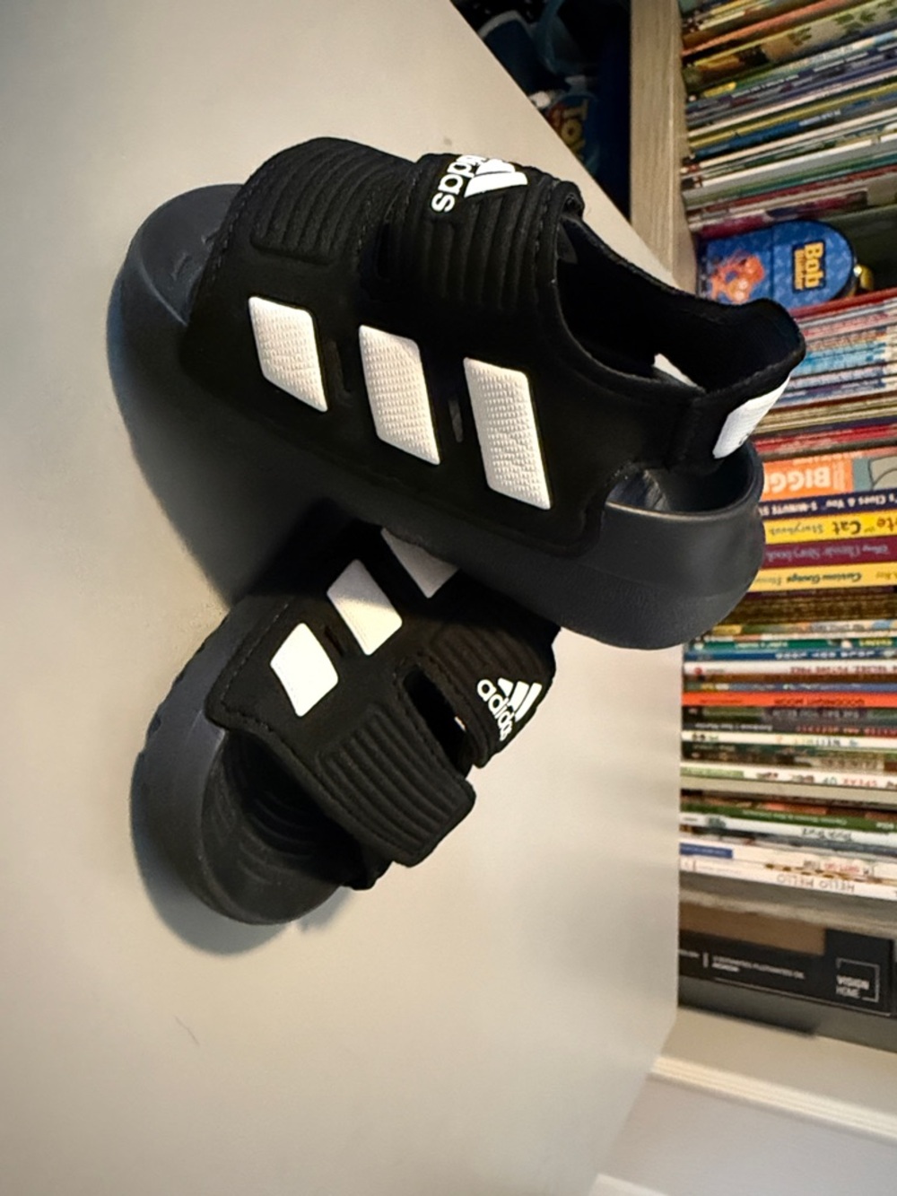 adidas Black and White Kids Slide Sandals with Hook-and-Loop Strap